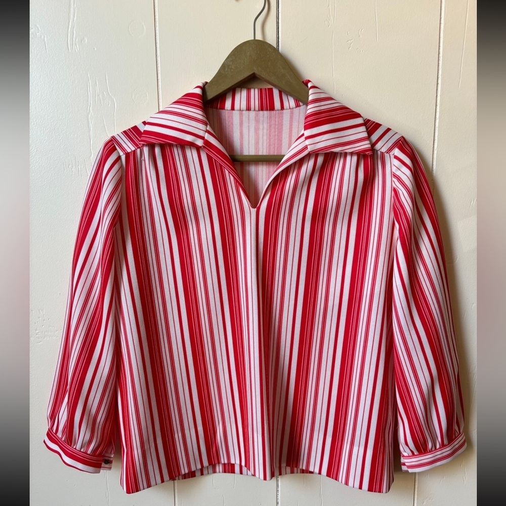 Vintage Red and White Striped Shirt 70s Blouse Candy Striper